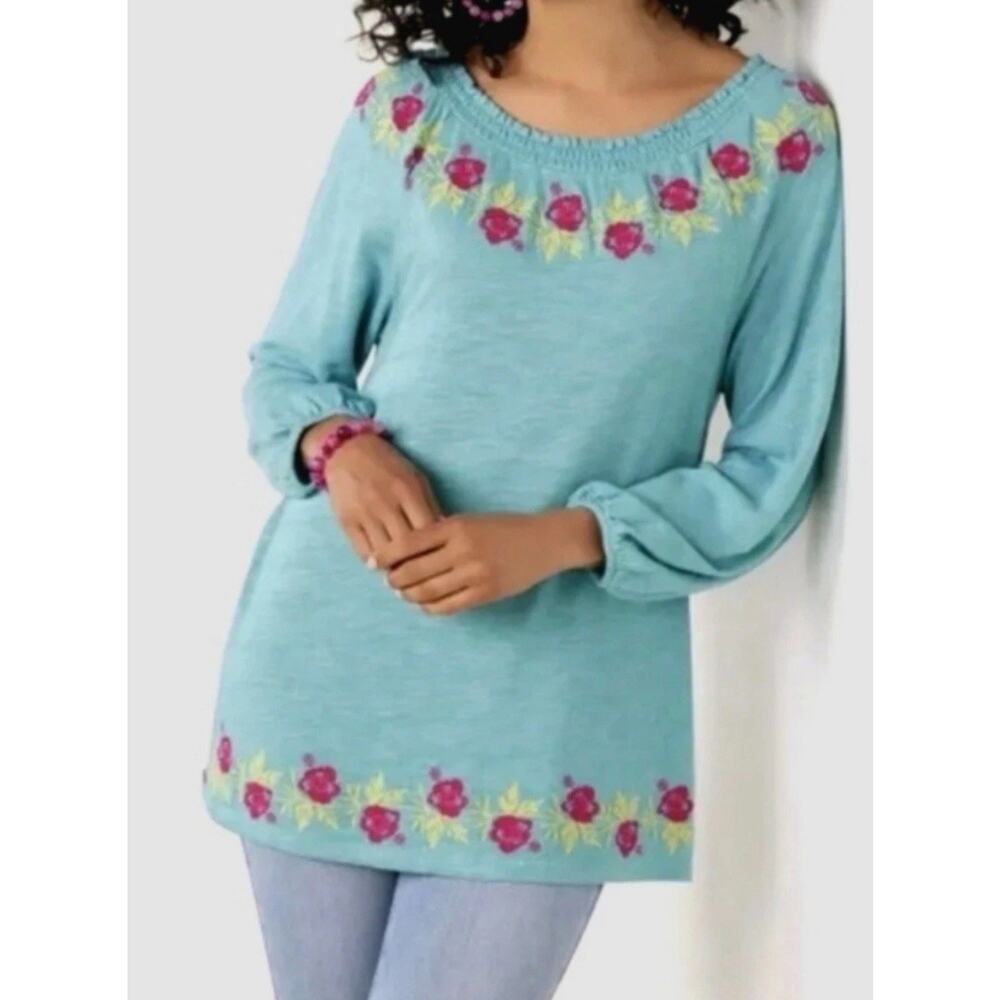Soft Surroundings Top Dream Trip Off Shoulder Teal Floral Embroidered Tunic M
